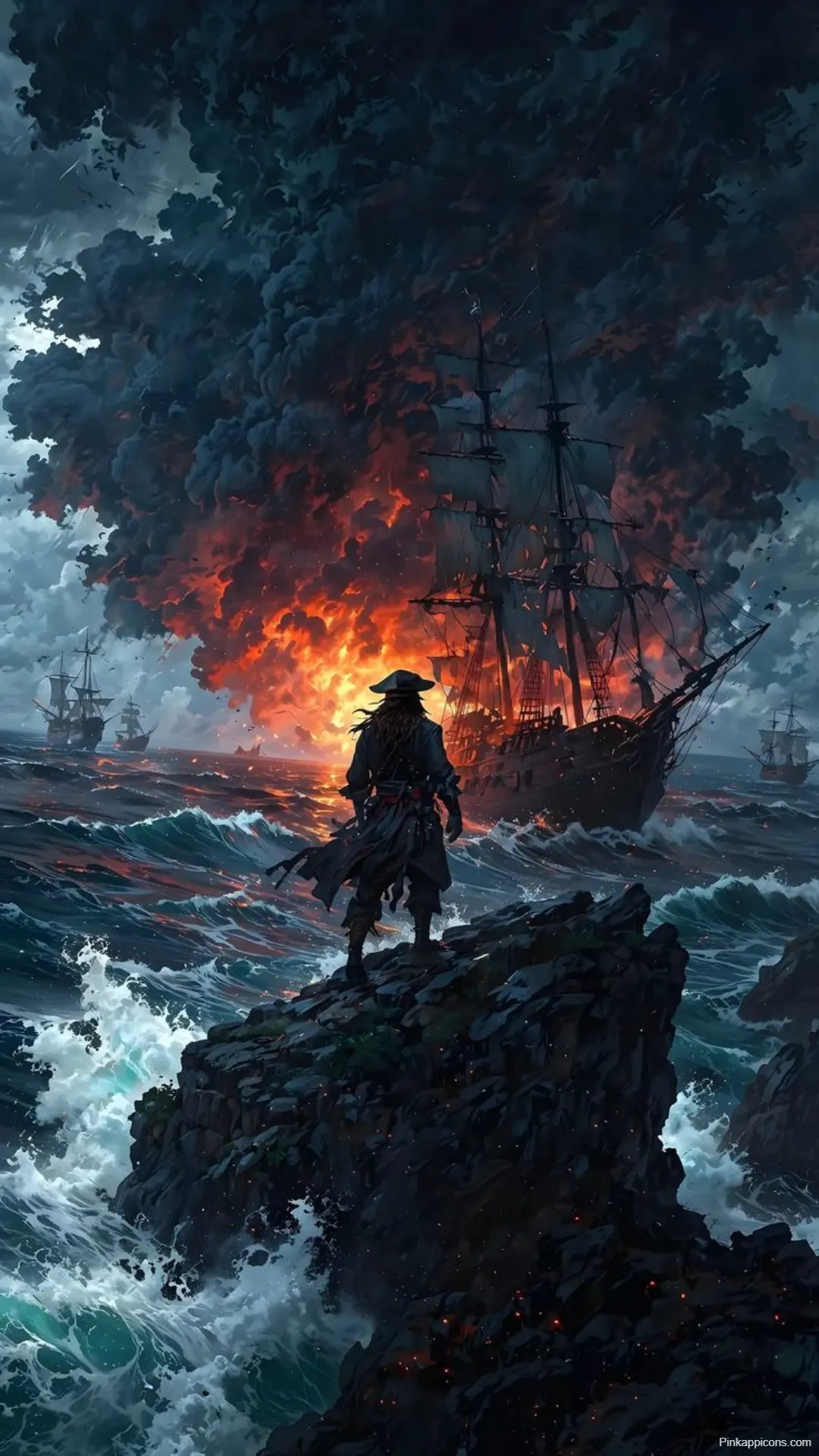 Jack Sparrow Wallpapers Pirate Watching Burning Ship in Storm