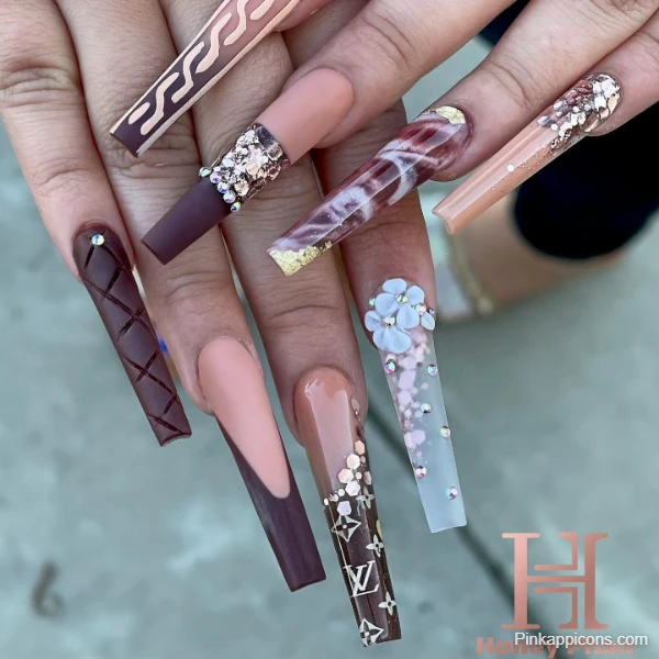 Luxurious Fall Nails Mixed Texture and Design in Brown and Nude Tones