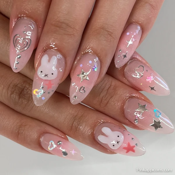 Magical Cute Pink Nails with Bunny, Heart, and Star Decals