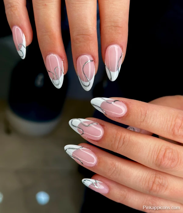 Modern White French Tip Nails with Abstract Silver Lines Chic Nail Idea