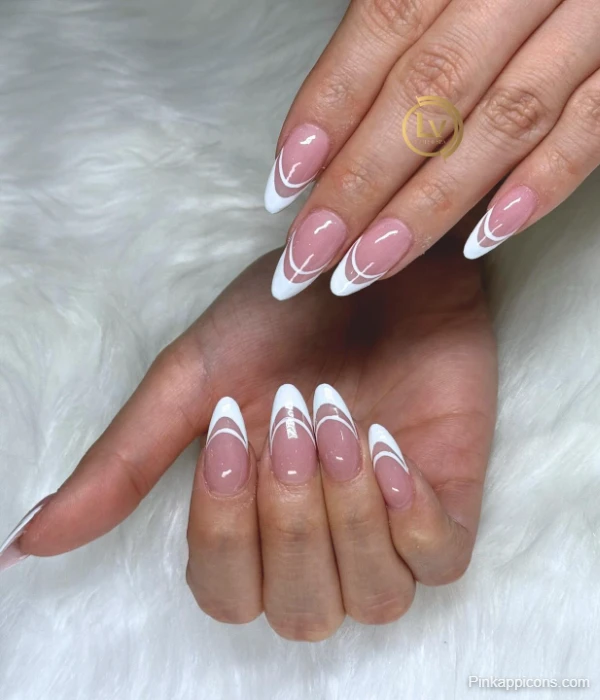 Modern White French Tip Nails with Abstract White Lines Chic Nail Idea