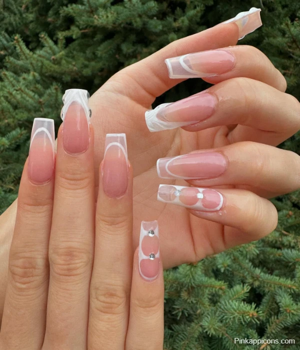 Modern White French Tip Nails with Abstract White Outline and Rhinestones