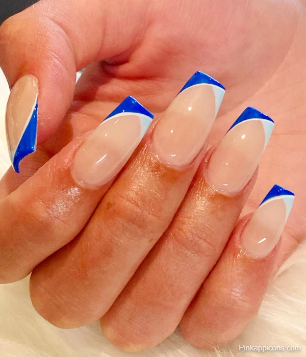 Modern White French Tip Nails with Blue and Light Blue Accents