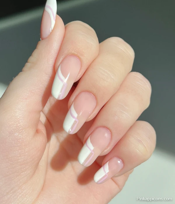 Modern White French Tip Nails with Lilac Geometric Lines Chic Nail Idea