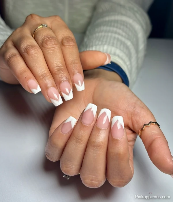 Modern White French Tip Nails with a Deep V-Shape Design