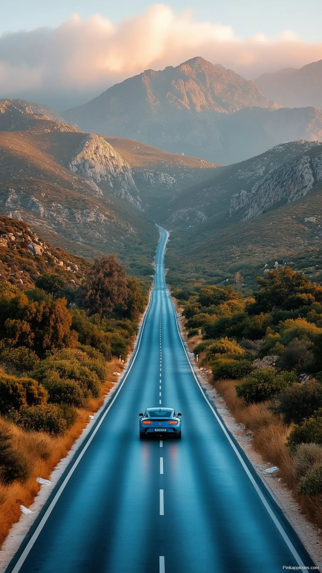 Mountain Road Trip Wallpapers Blue Car on Scenic Highway