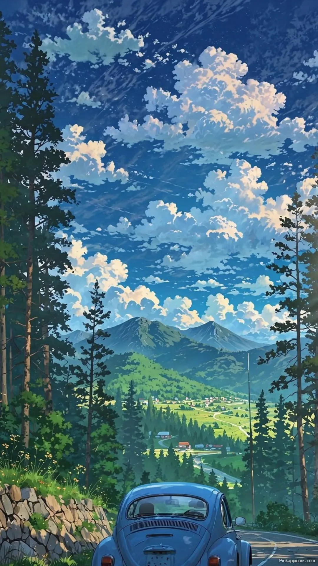 Nostalgic Studio Ghibli Car Wallpaper Blue VW Beetle Valley View