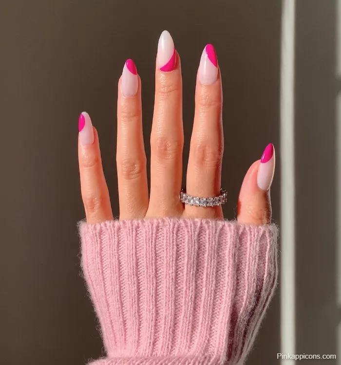 Pink Nails Abstract Hot Pink French Tip Nail Art with Eternity Ring