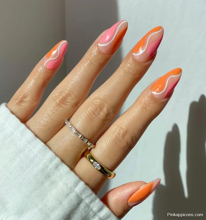 Pink Nails Abstract Orange, Pink, and White Swirl Nail Art with Rings