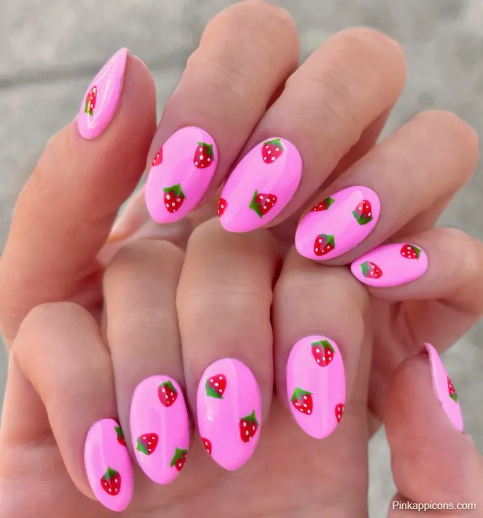 Pink Nails Cute Strawberry Nail Art on Bright Pink Base