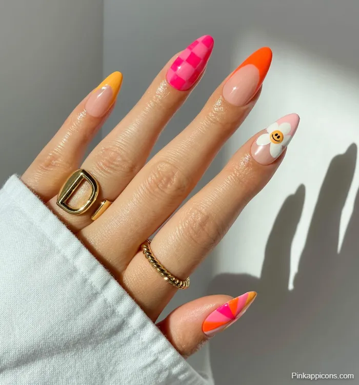 Pink Nails Fun Mixed Nail Art with Checkers, Smiley Daisy, and Orange Tips
