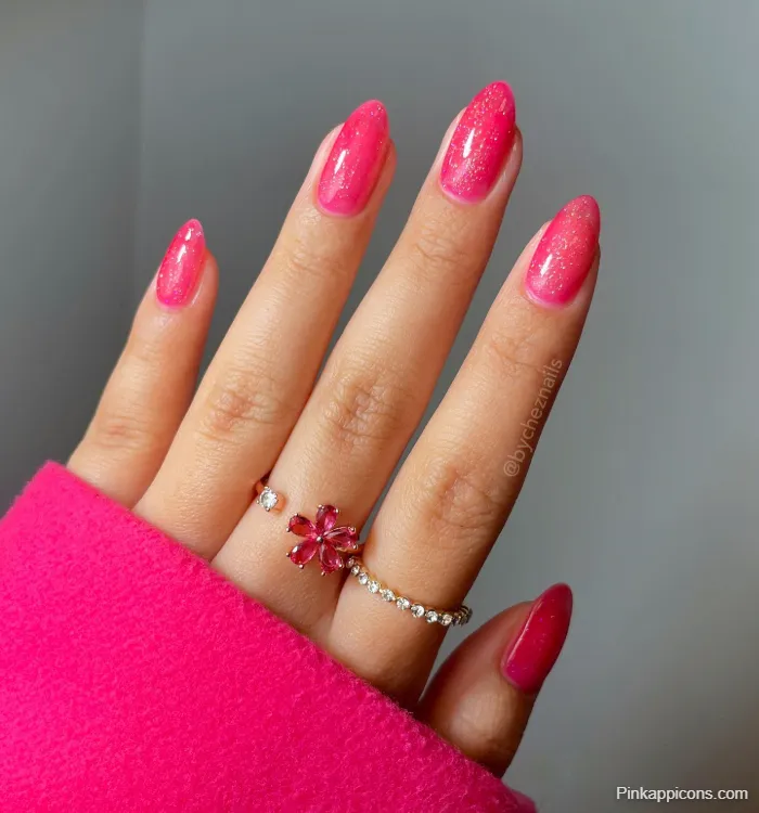 Pink Nails Glossy Shimmery Hot Pink Nail Polish with Flower Ring