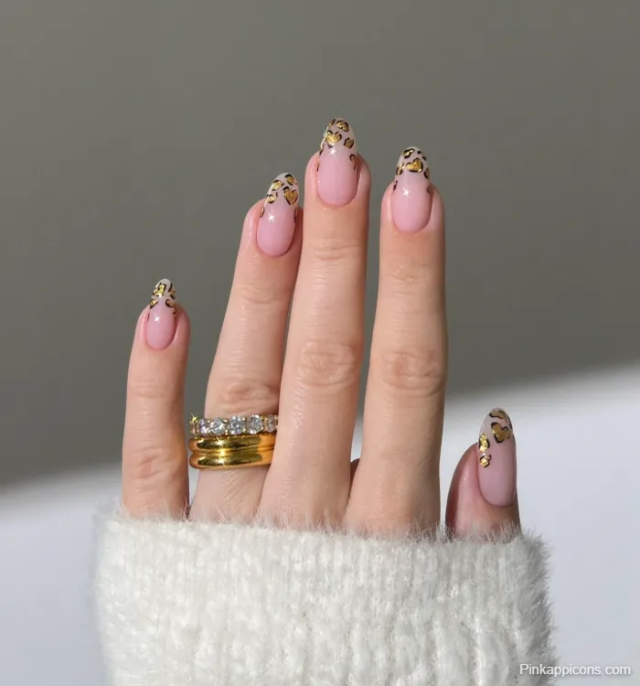 Pink Nails Gold and Black Leopard Print Tip Nail Art with Gold Rings