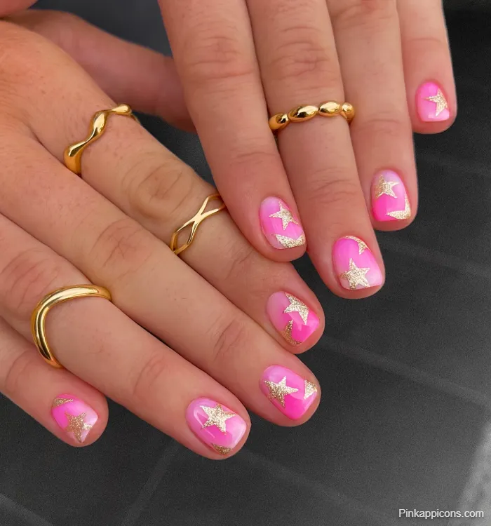 Pink Nails Hot Pink with Gold Star Nail Art and Gold Rings