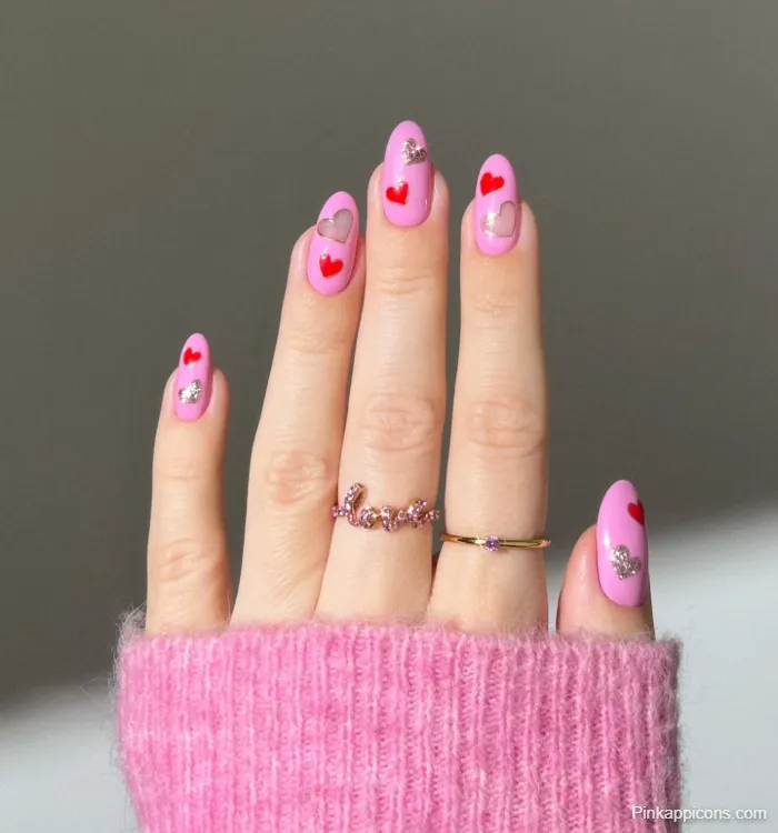 Pink Nails Light Pink with Red Heart Nail Art and Love Ring