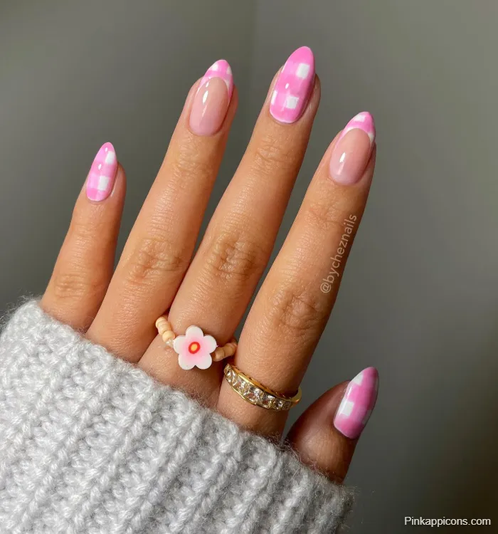 Pink Nails Pink and White Gingham Checkered Nail Art