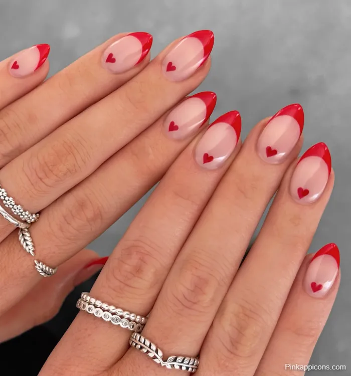 Pink Nails Red French Tip with Delicate Red Heart Nail Art