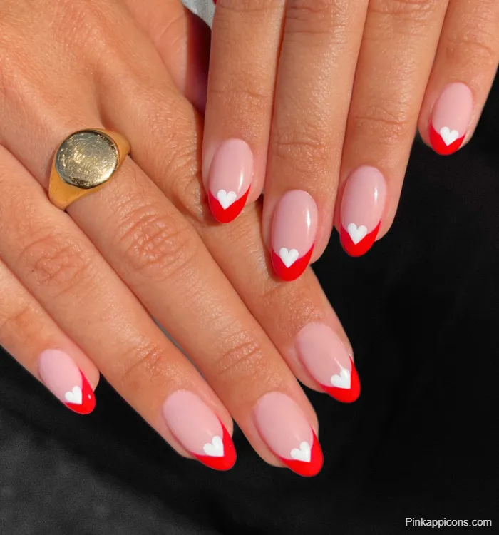 Pink Nails Red French Tip with White Heart Nail Art