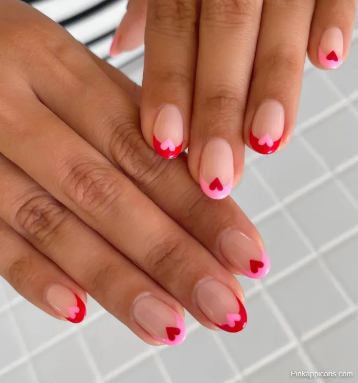 Pink Nails Red and Pink Heart Double French Tip Nail Art