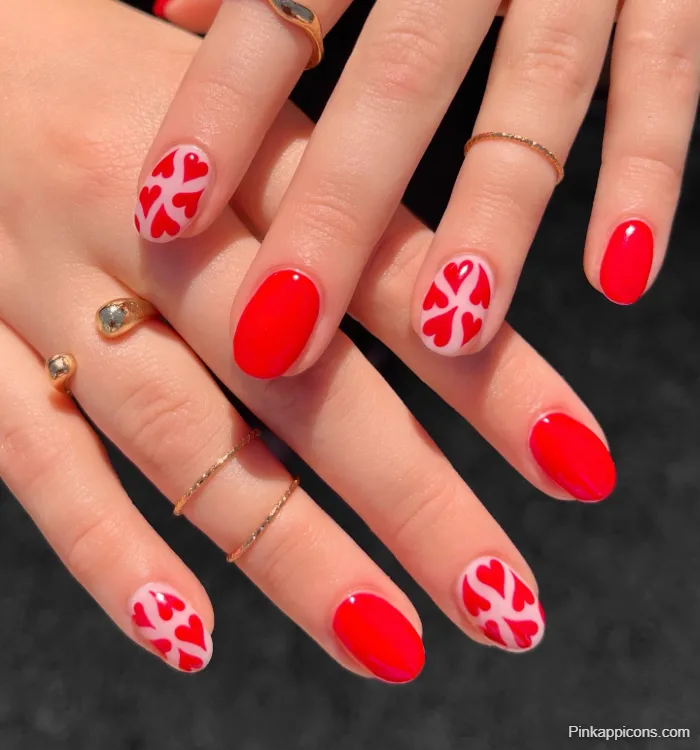 Pink Nails Red and White Heart Outline Nail Art