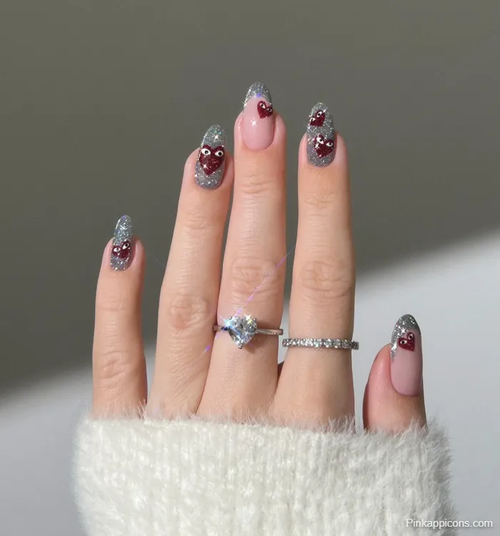 Pink Nails Silver Glitter with Red Googly Eye Heart Nail Art and Heart Ring