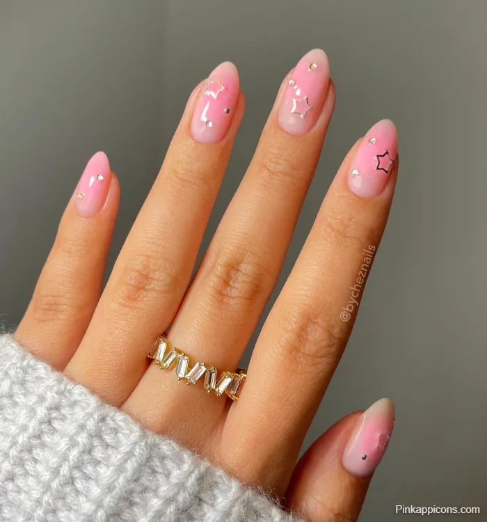 Pink Nails Soft Pink Gradient with Silver Stars and Diamond Ring