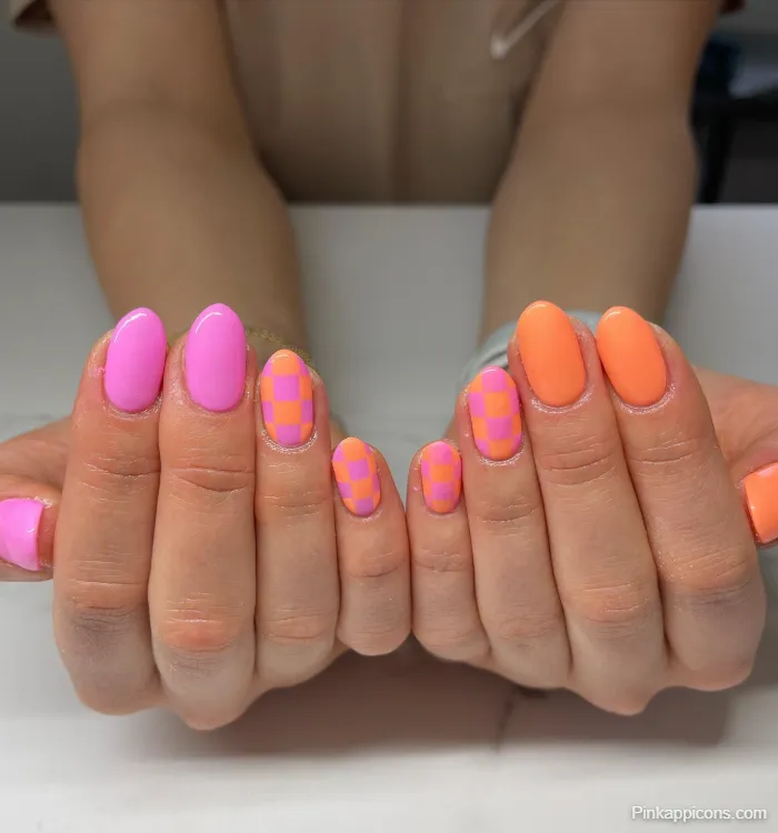 Pink Nails Solid Hot Pink and Orange Pink Checkered Nail Art