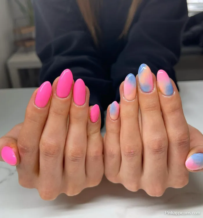 Pink Nails Solid Hot Pink and Pink Blue Watercolor Nail Art