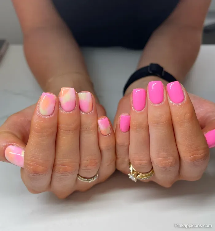 Pink Nails Solid Hot Pink and Pink Orange Tie-Dye Nail Art