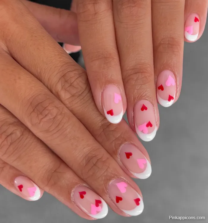 Pink Nails White French Tip with Tiny Pink and Red Hearts