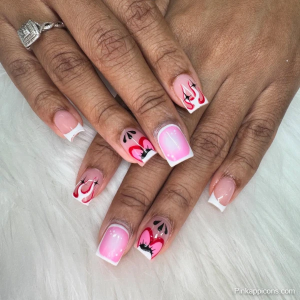 Playful Cute Pink Nails with Black and Red Abstract Heart Design
