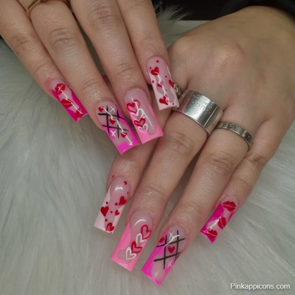 Playful Cute Pink Nails with Red Hearts, Kisses, and Tic-Tac-Toe