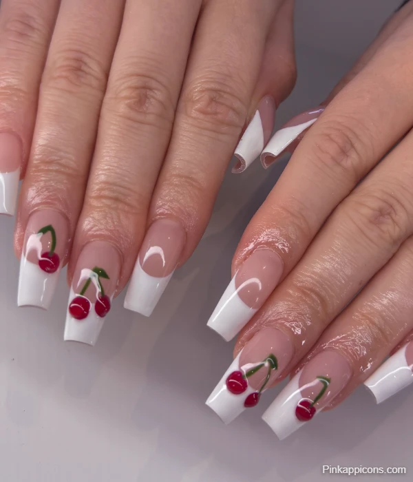 Playful White French Tip Nails with 3D Cherry Design