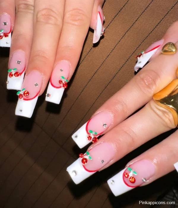 Playful White French Tip Nails with 3D Cherry and Red Outline Design
