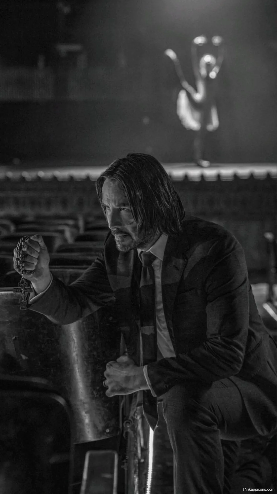 Poignant John Wick Wallpaper Black and White Rosary Moment