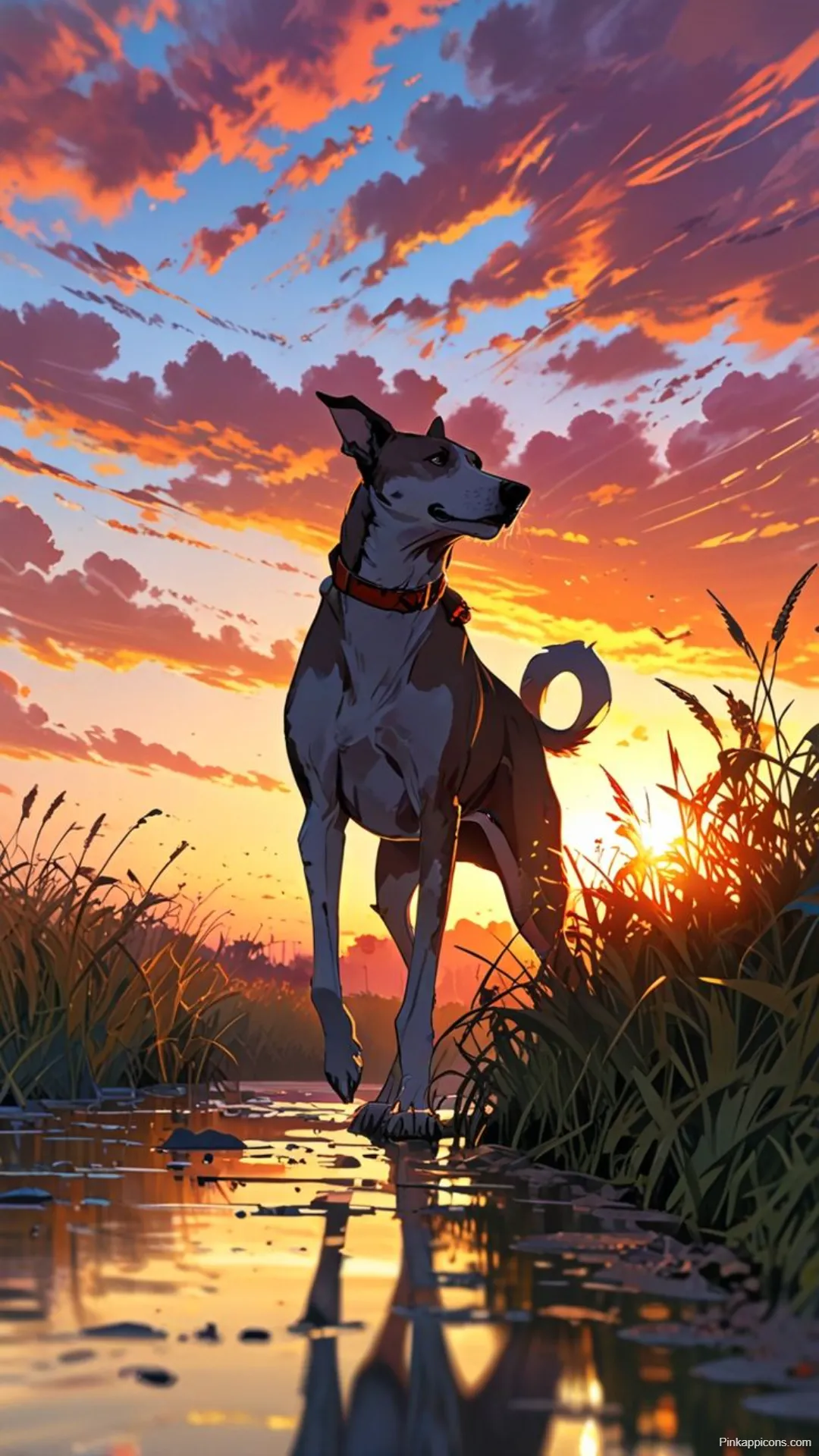 Serene Studio Ghibli Dog Wallpaper Doberman Sunset Reflection