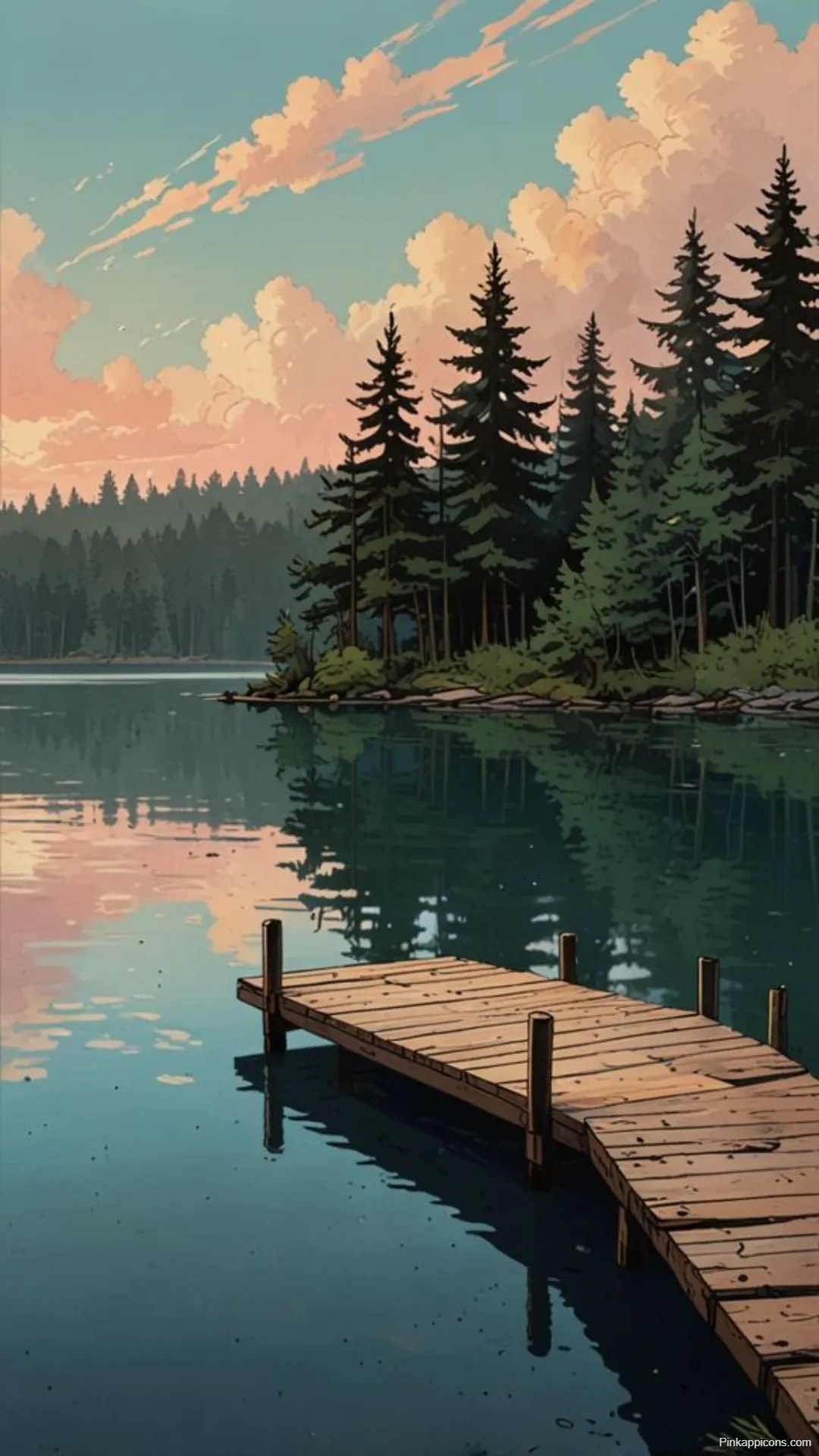 Serene Studio Ghibli Lake Wallpaper Wooden Pier at Sunset