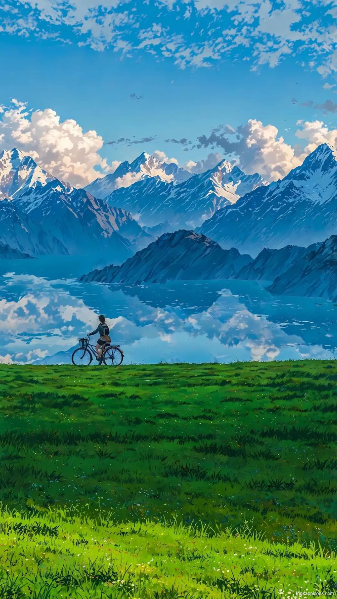 Serene Studio Ghibli Landscape Wallpaper Biking by Mountain Lake