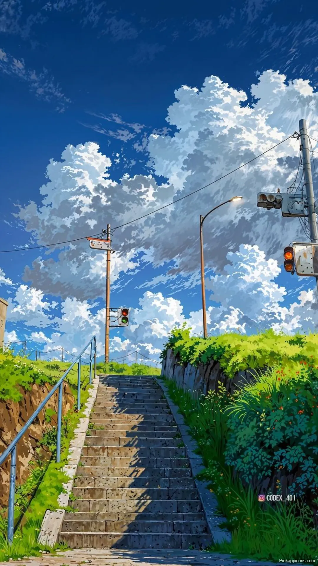 Serene Studio Ghibli Stairs Wallpaper Sky and Greenery