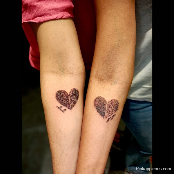 Small Couple Fingerprint Heart Tattoo Idea with Names