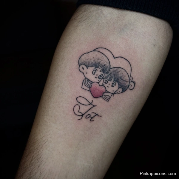Small Cute Couple Tattoo Idea Minimalist Cartoon with Heart and Name Small Cute Couple Tattoo Idea Minimalist Cartoon with Heart and Name