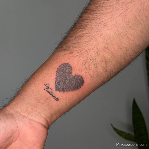 Small Fingerprint Heart Tattoo Idea with Name Unique Memorial Tattoo