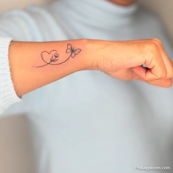 Small Heart, Flower, and Butterfly Tattoo Idea Delicate Wrist Design