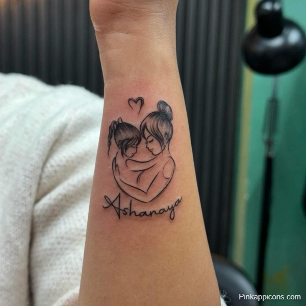 Small Mother and Daughter Tattoo Idea with Name Ashanaya