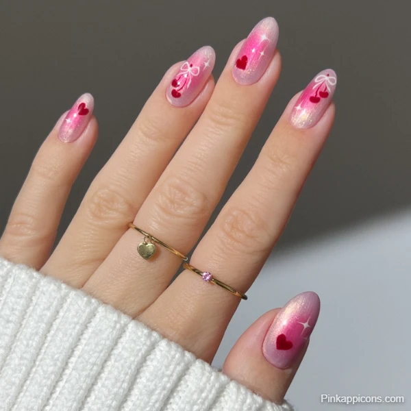 Sparkling Cute Pink Nails with Red Hearts and Bow Accents