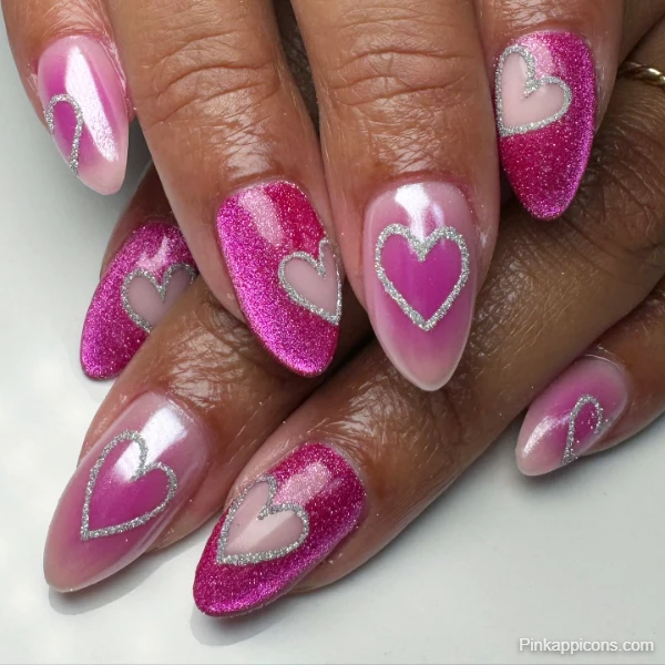 Sparkling Cute Pink Nails with Silver Heart Outlines