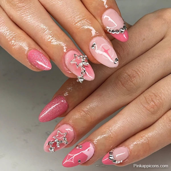 Sparkling Cute Pink Nails with Silver Stars and Rhinestones