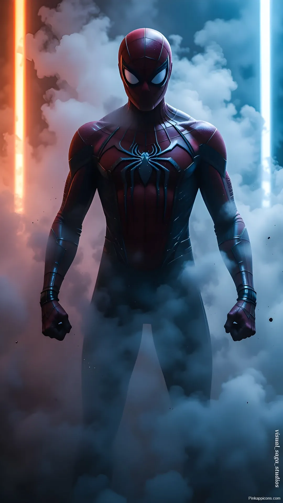 Spider Man Wallpaper Emerging from Smoke with Neon Lights Spider-Man Wallpaper Emerging from Smoke with Neon Lights