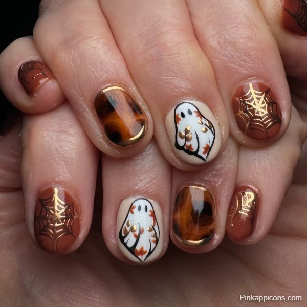 Spooky Cute Fall Nails Ghost and Spiderweb Halloween Nail Art