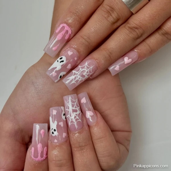 Spooky Cute Pink Nails Ghost, Spiderweb, and Pink Drip Design